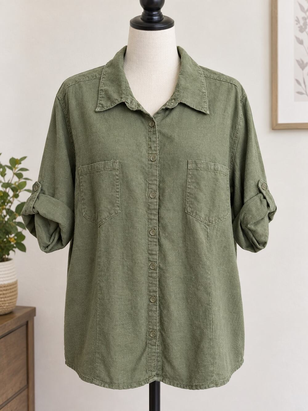 Just My Size JMS Women's Plus 3X Green Linen Rayon Button Up Tab Sleeve Blouse